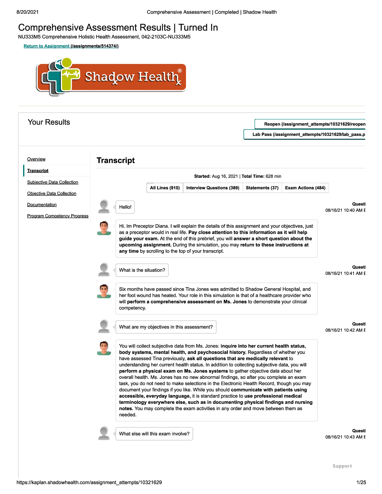Preview image of Comprehensive Assessment- Tina Jones transcript document
